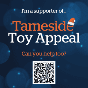 Support Tameside Toy Appeal 2024 with festive image and QR code.