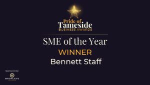 Award badge for SME of the Year 2025 won by Bennett Staff at Pride of Tameside Business Awards.