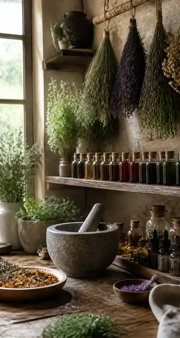 Atelier apothicaire, herbes séchées et extraits végétaux pour le soin