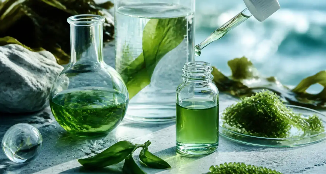 Algues et extraits végétaux verts près de fioles de laboratoire en verre, pipette d'huile botanique sur pierre minérale claire