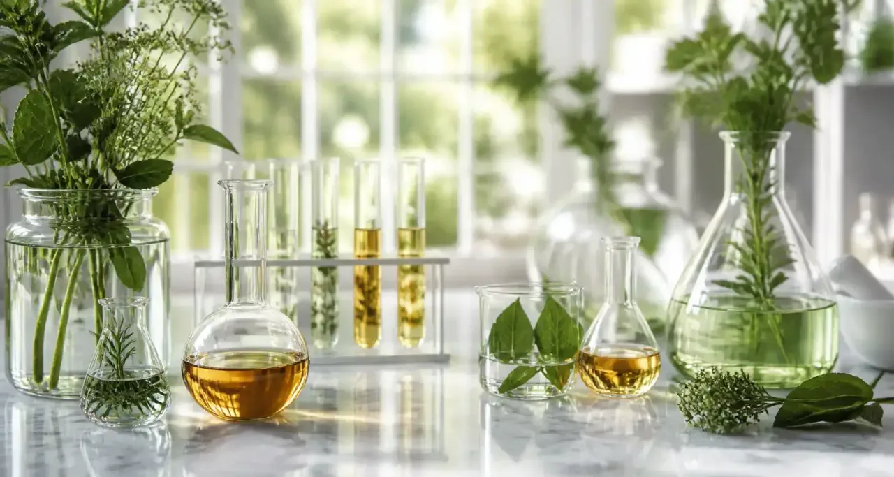 Fioles en verre d'extraits végétaux alignées dans un laboratoire