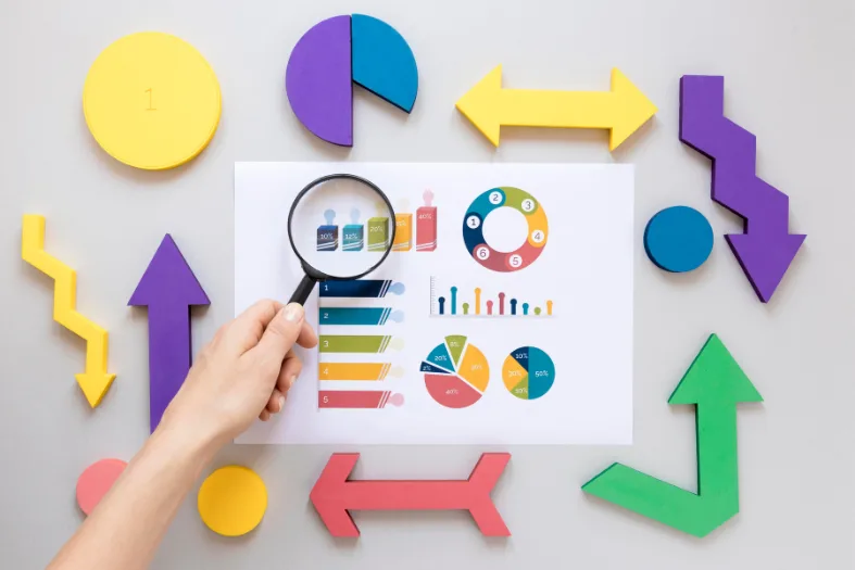 Data analysis and business growth strategies with BEST Software Indonesia, powered by Pro-Int; visualized through colorful charts, graphs, and arrows indicating progress and performance.