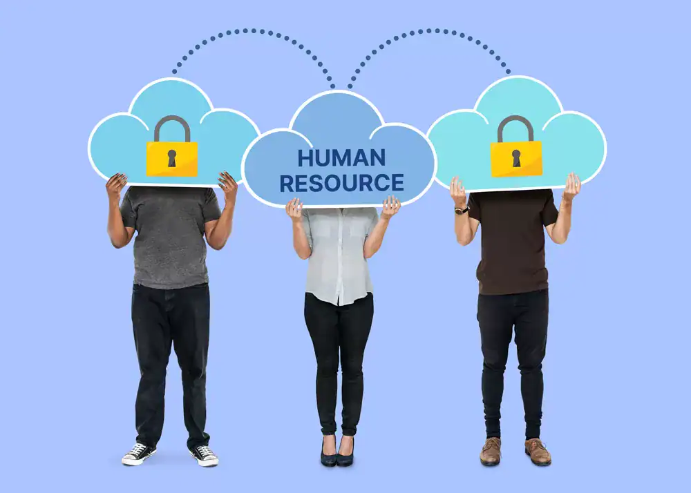 Cloud computing human resource management with security locks and cloud icons as props, representing digital HR solutions and data security in the cloud environment.