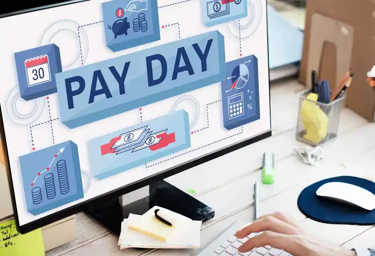 Pay day digital payment concept with financial icons on computer screen, representing payroll and salary processing in Indonesia.