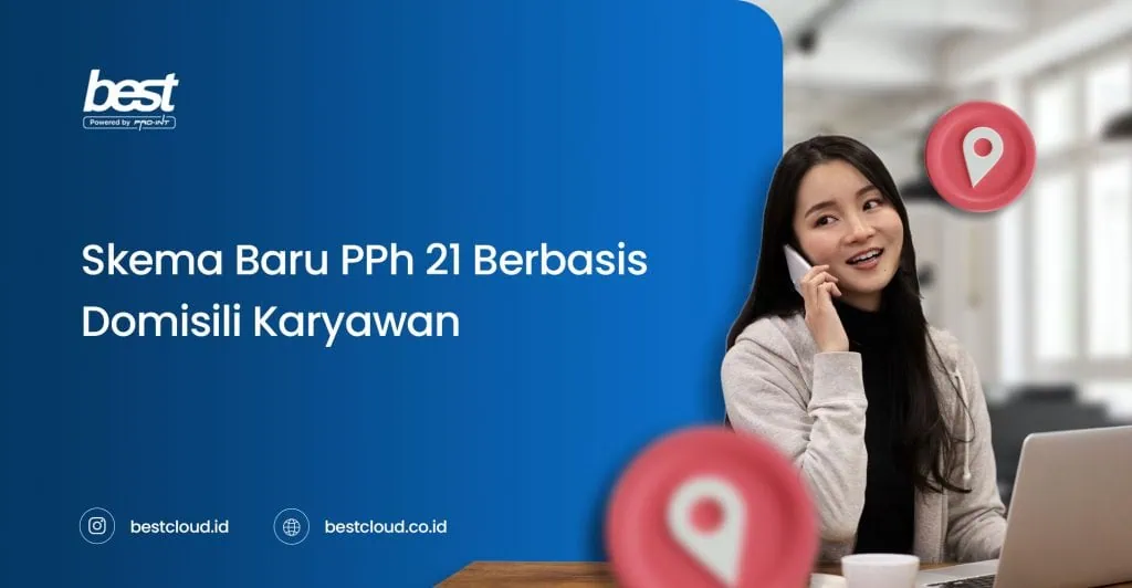Informasi tentang potongan PPh 21 yang berbasis domisili karyawan, disajikan dalam gambar dengan latar belakang profesional dan wanita yang sedang berbicara di telepon.