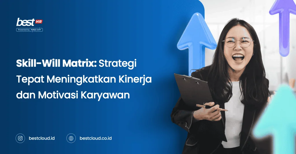Illustration of a woman smiling with upward arrows representing growth, highlighting the Skill-Will Matrix strategy to boost employee performance and motivation.