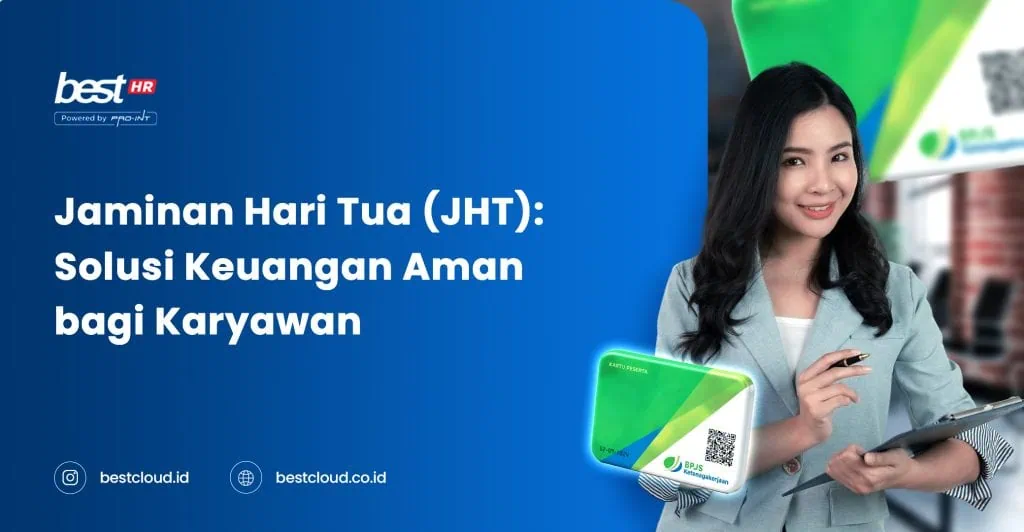 Gambar wanita profesional memegang dokumen dan kartu JHT, menampilkan solusi keuangan aman untuk masa depan karyawan dalam program Jaminan Hari Tua.