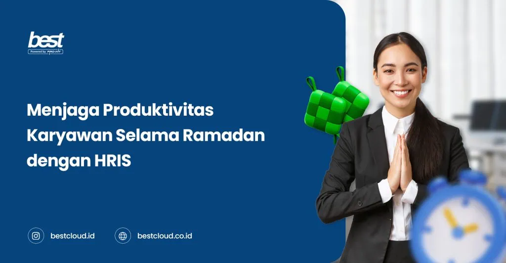 An optimized ALT tag for the image showing a smiling woman in business attire with a digital background, emphasizing employee productivity during Ramadan using HRIS systems.