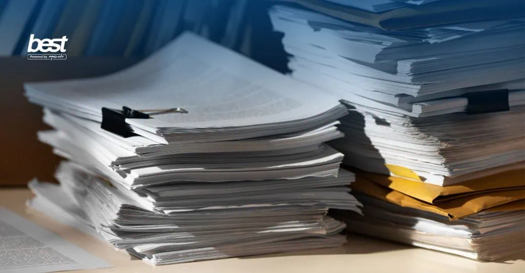 Stacks of paperwork and documents on a desk representing administrative and HR management processes