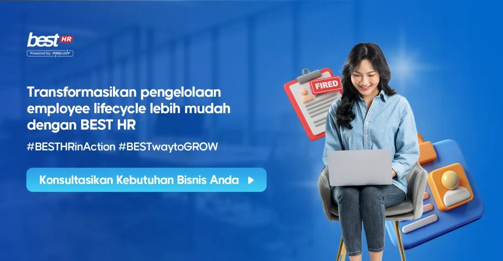 Woman using a laptop with HR related icons and text about employee lifecycle management by BEST HR in Indonesia