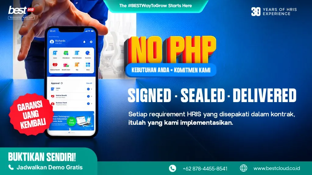 Mobile app interface displayed on a smartphone with a hand pointing, promoting BEST Software Indonesia's PHP development services for mobile apps.