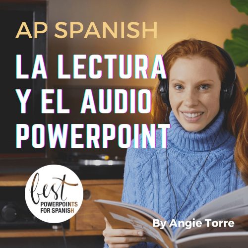 La lectura y el audio PowerPoint for AP Spanish Woman reading and listening with headphones