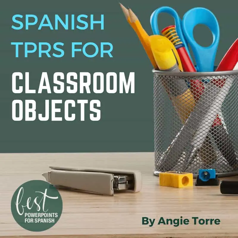 Spanish Classroom Objects TPRS Stories container of pens, scissors, and a stapler on a desk