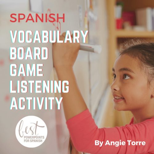 Spanish Vocabulary Board Game Listening Activity Female student writing on the board
