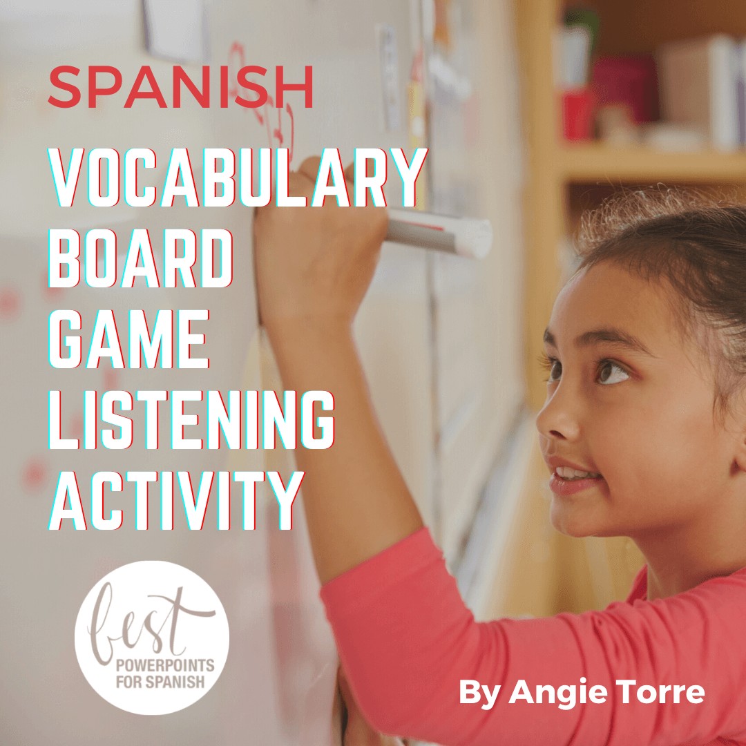 Spanish Vocabulary Board Game Listening Activity Female student writing on the board