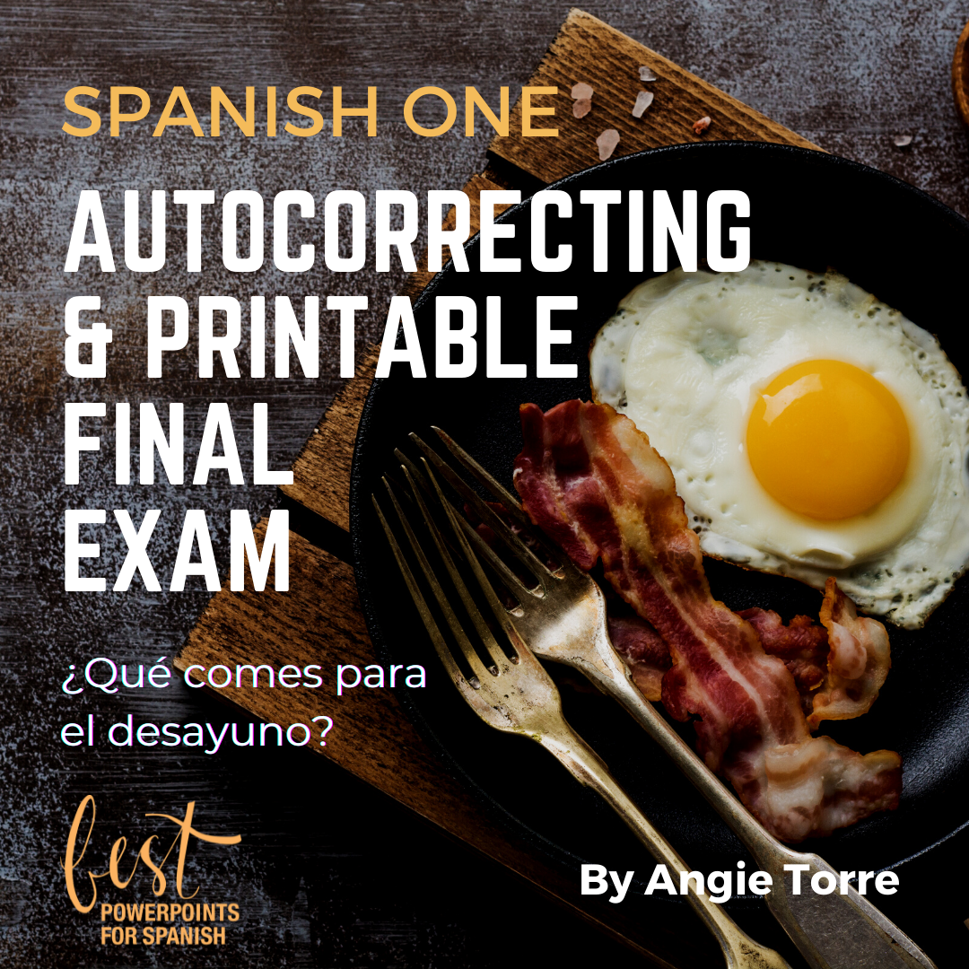 Autocorrecting Spanish One Final Exam Picture of bacon and eggs and two forks: ¿Qué comes para el desayuno?