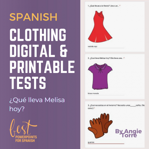 Spanish Clothing Digital and Printable Tests: Red dress, purple blouse, brown gloves clipart