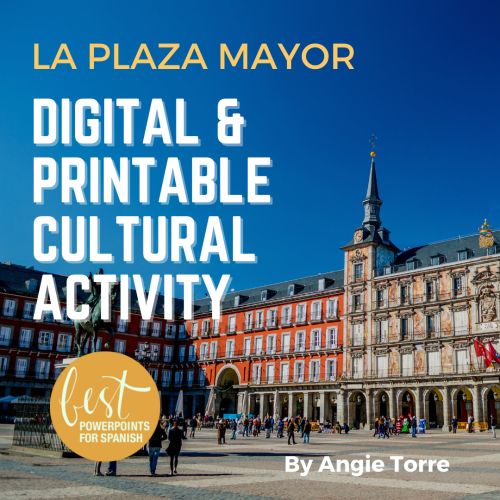 La Plaza Mayor Digital and Printable Cultural Activity: Building with tower in u shape with sculpture of man on a horse