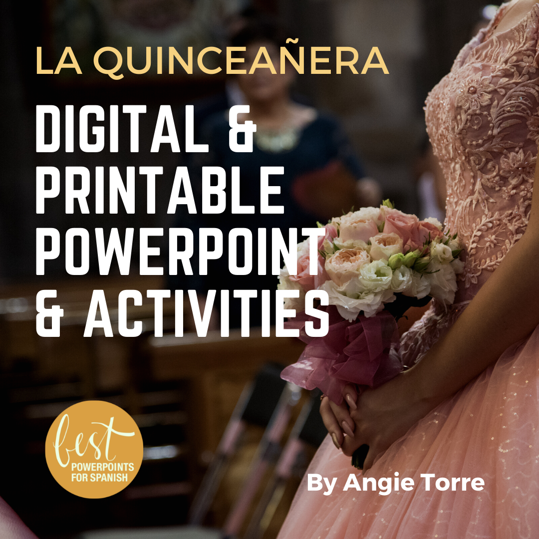 La quinceañera Digital and Printable PowerPoint and Activities: Girl wearing an elegant pink dress carrying flowers