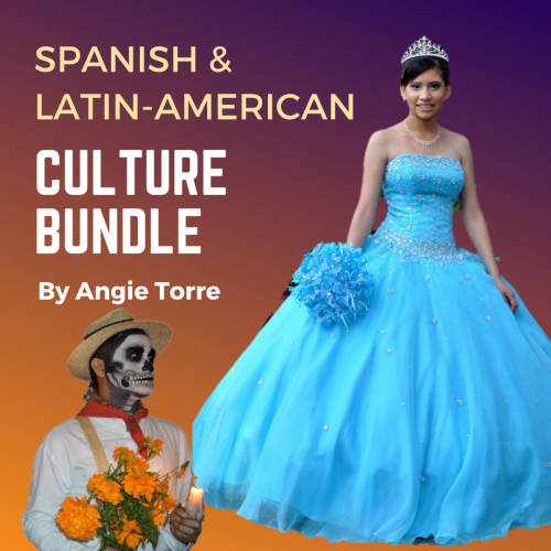Spanish and Latin American Culture Bundle: Young girl in elegant blue dress, man with painted face and orange flowers