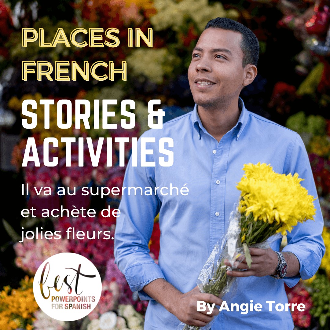 Places in French Stories and Activities Man buying flowers. Il va au supermarché et achète de jolies fleurs.