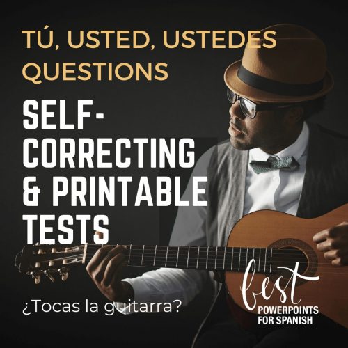 Spanish Tú Usted Ustedes Questions Tests Man playing the guitar. ¿Tocas la guitarra?