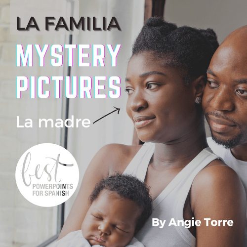 La Familia Spanish Family Digital Mystery Picture Puzzles; Black family with mother, father and baby girl looking out a window.