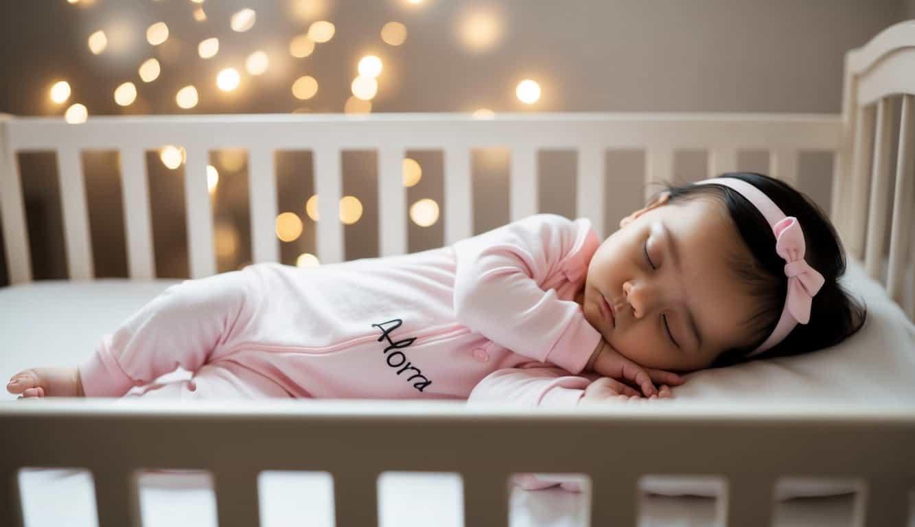 Alora Name Meaning: Origins and Significance 1 beautiful little baby girl in a crib with text Alora on pajama jumpsuit