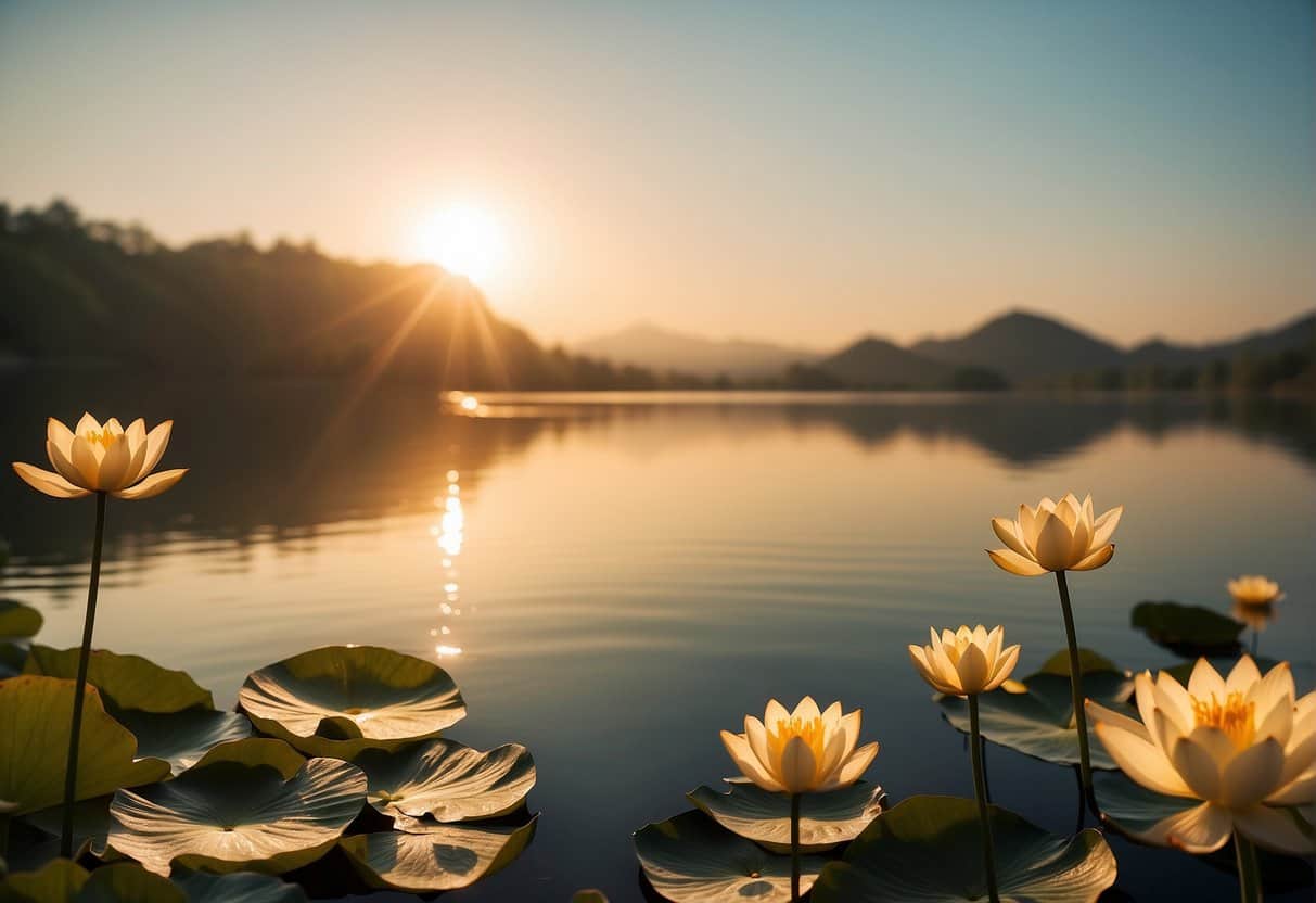 Amira Name Meaning: Origins, Significance, and Cultural Impact 4 A golden sun rises over a serene lake, reflecting the name "Amira" in Arabic calligraphy. Lotus flowers bloom, symbolizing purity and enlightenment