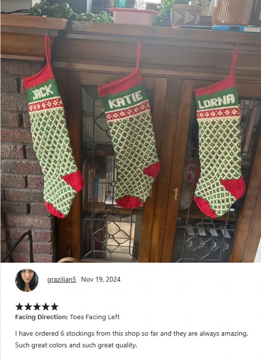 I have ordered 6 stockings from this shop so far and they are always amazing. Such great colors and such great quality.