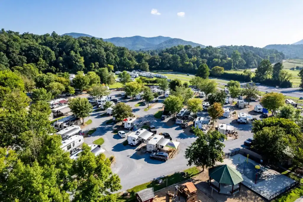An aerial view of an rv park in the mountains. An aerial view of an rv park in the mountains of townsend tn.