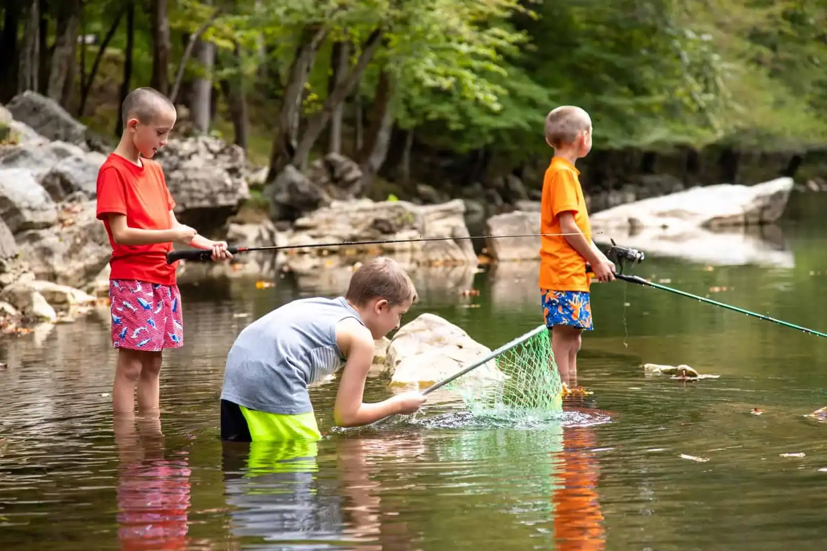 Three boys fishing in a river at Big Meadow Family Campground with a net.