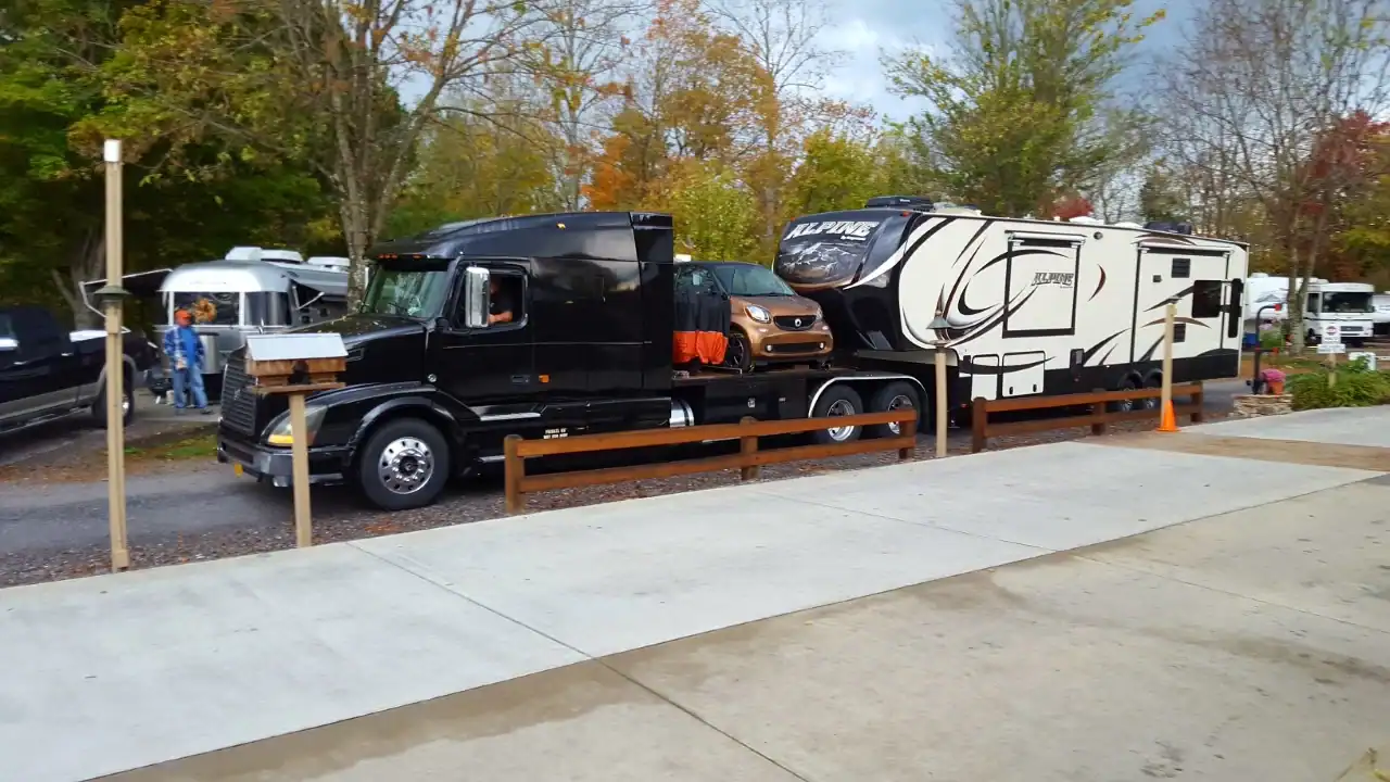 A large rv parked in a parking lot.