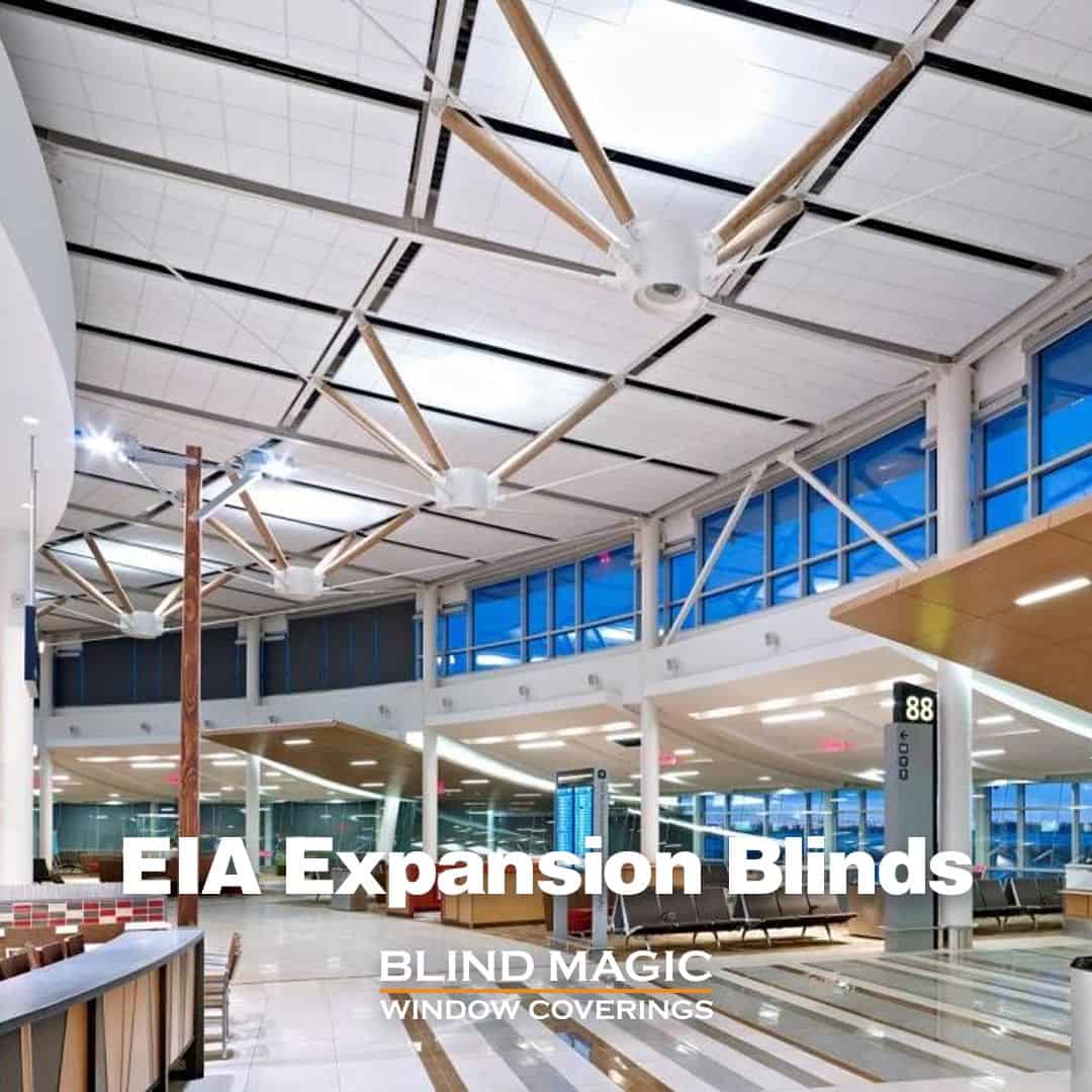 Bright airport terminal featuring EIA expansion blinds and advanced window coverings.