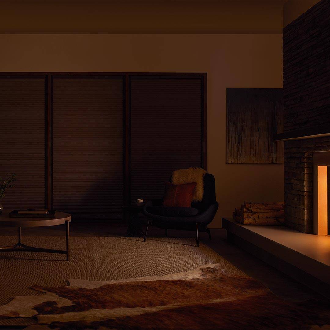 Cozy living room with fireplace, dark wood blinds, and modern decor, creating a warm and inviting atmosphere.