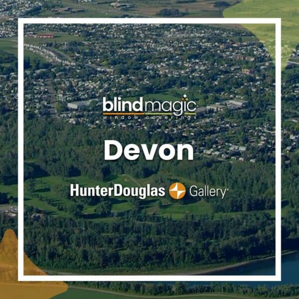 Aerial view of Devon, Devon with surrounding greenery and neighborhood infrastructure, promoting Blind Magic window coverings.