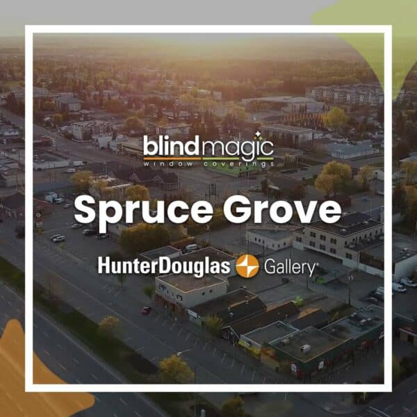 Aerial view of Spruce Grove with window coverings by Blind Magic, Hunter Douglas Gallery. Enhance your home with stylish, functional window treatments.