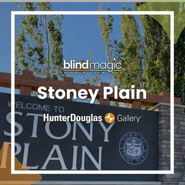 Bright outdoor scene showcasing Blind Magic window coverings in Stoney Plain, compatible with Hunter Douglas.