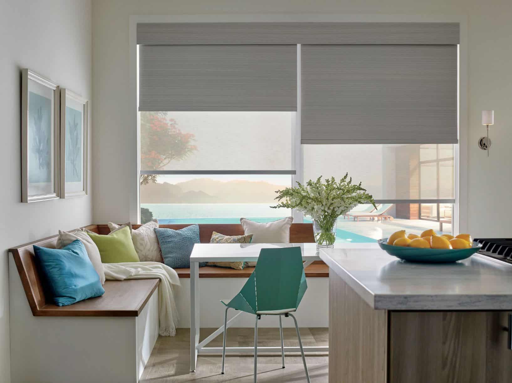 Custom window blinds showcasing modern design and functionality for natural light control in a coastal home.