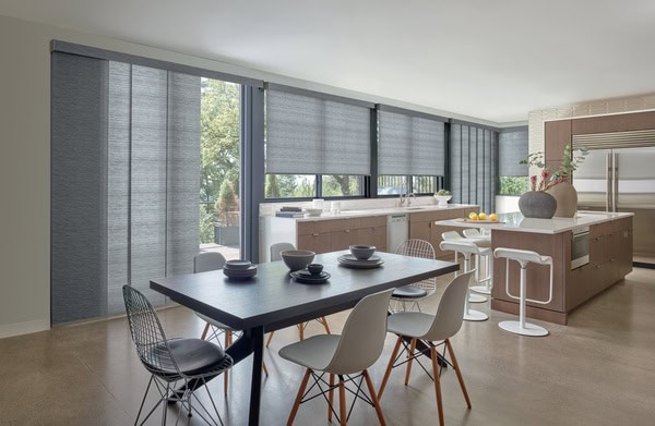 Blind magic window blinds in modern kitchen and dining area, contemporary interior design.