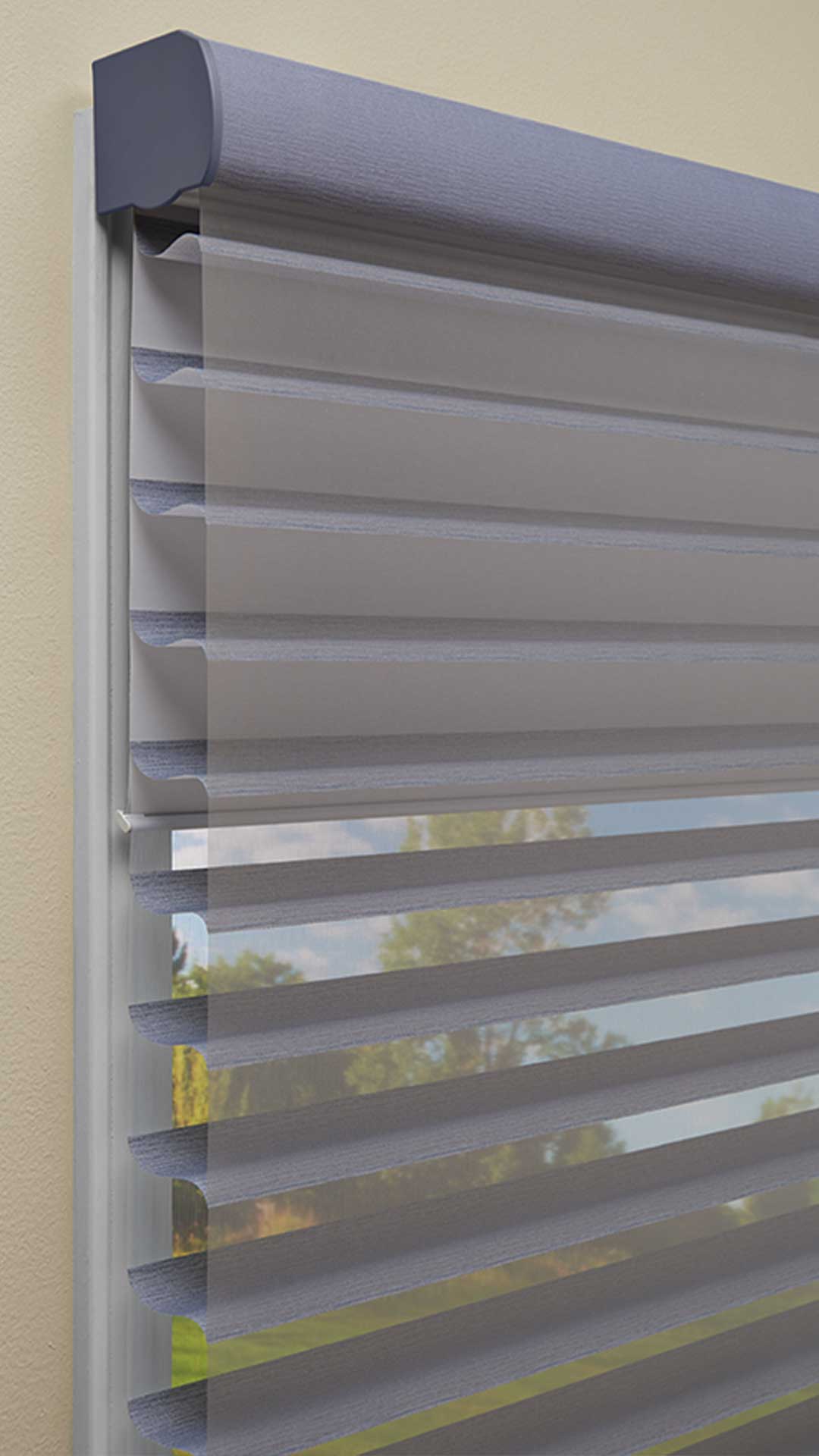 Aluminium window blind with light filtering fabric, ideal for interior sun protection and privacy.