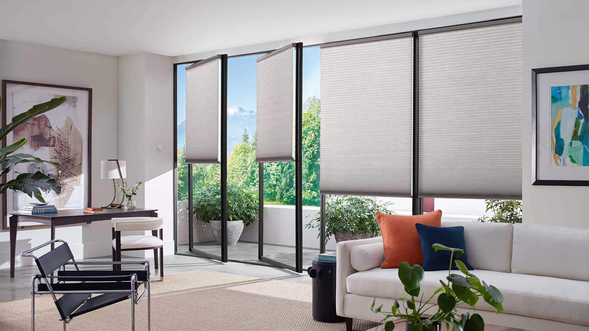 Automatic window blinds for smart home convenience and privacy control.