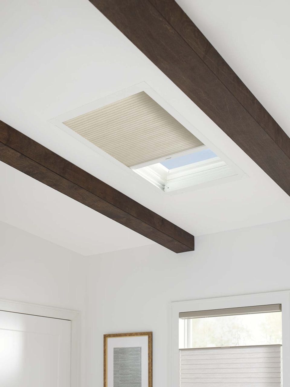 SkyLight with retractable blind in white ceiling, modern home interior.