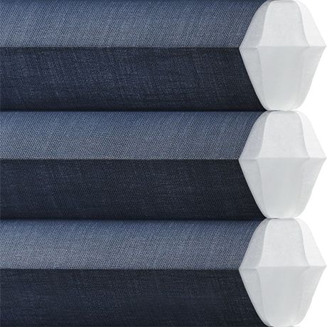 Soft fabric samples in various shades of blue for custom blind and shade designs.