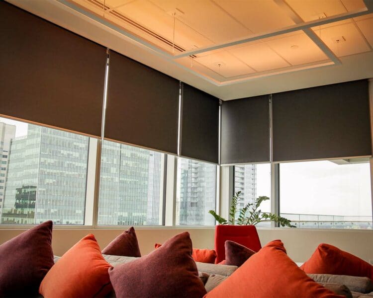Blackout roller shades in a modern office space with city views.