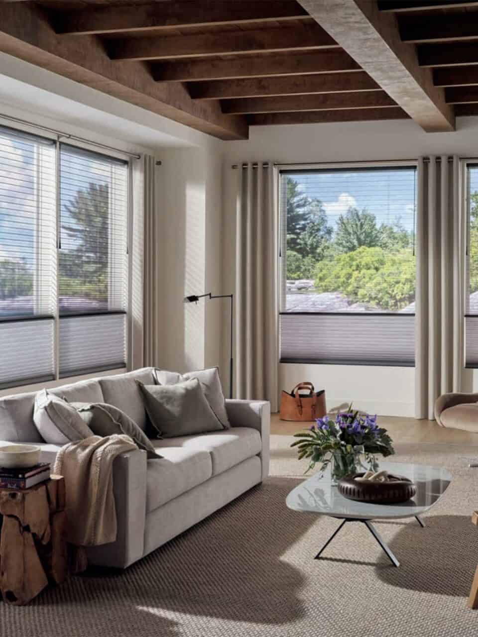 Bright living room with modern window blinds and stylish curtains, featuring a cozy sofa and indoor plants.