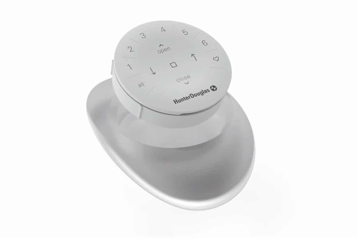 Button control for blind and visually impaired, Hunter Douglas blind automation device, accessible window treatment remote.