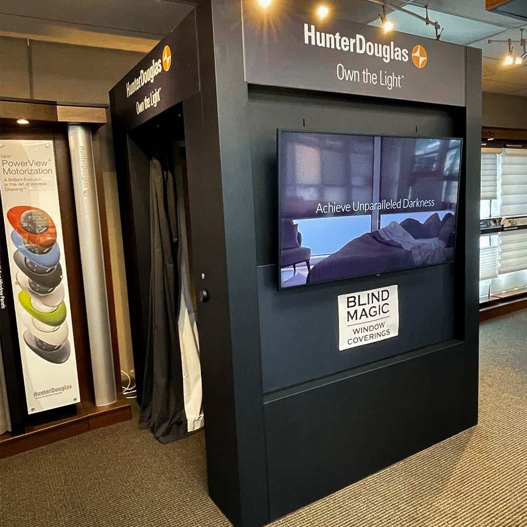 Blurred window coverings display at Blind Magic, showcasing innovative window decorating solutions.