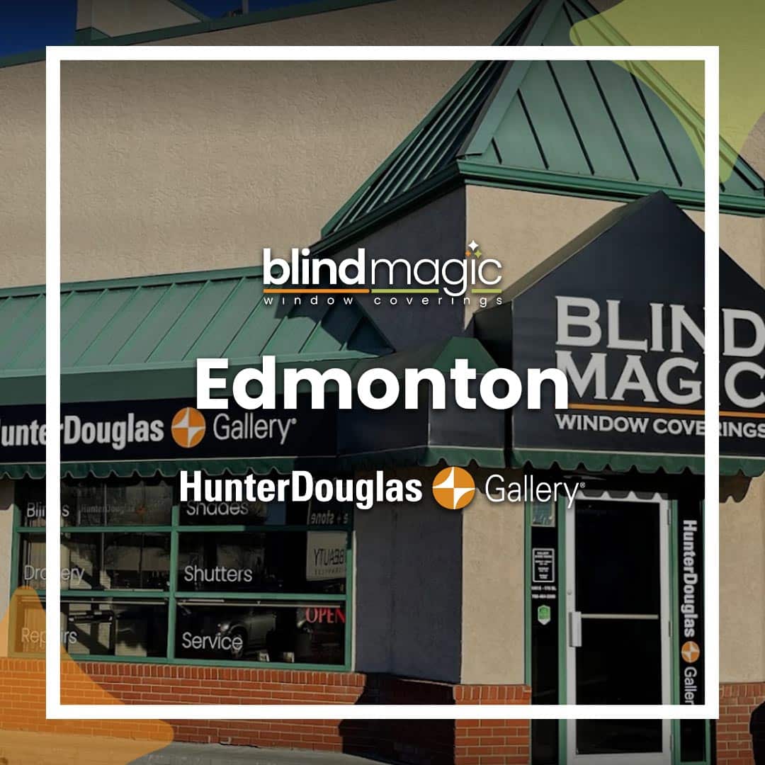 Bright green window coverings at Edmonton Hunter Douglas Gallery store, emphasizing custom window treatments.