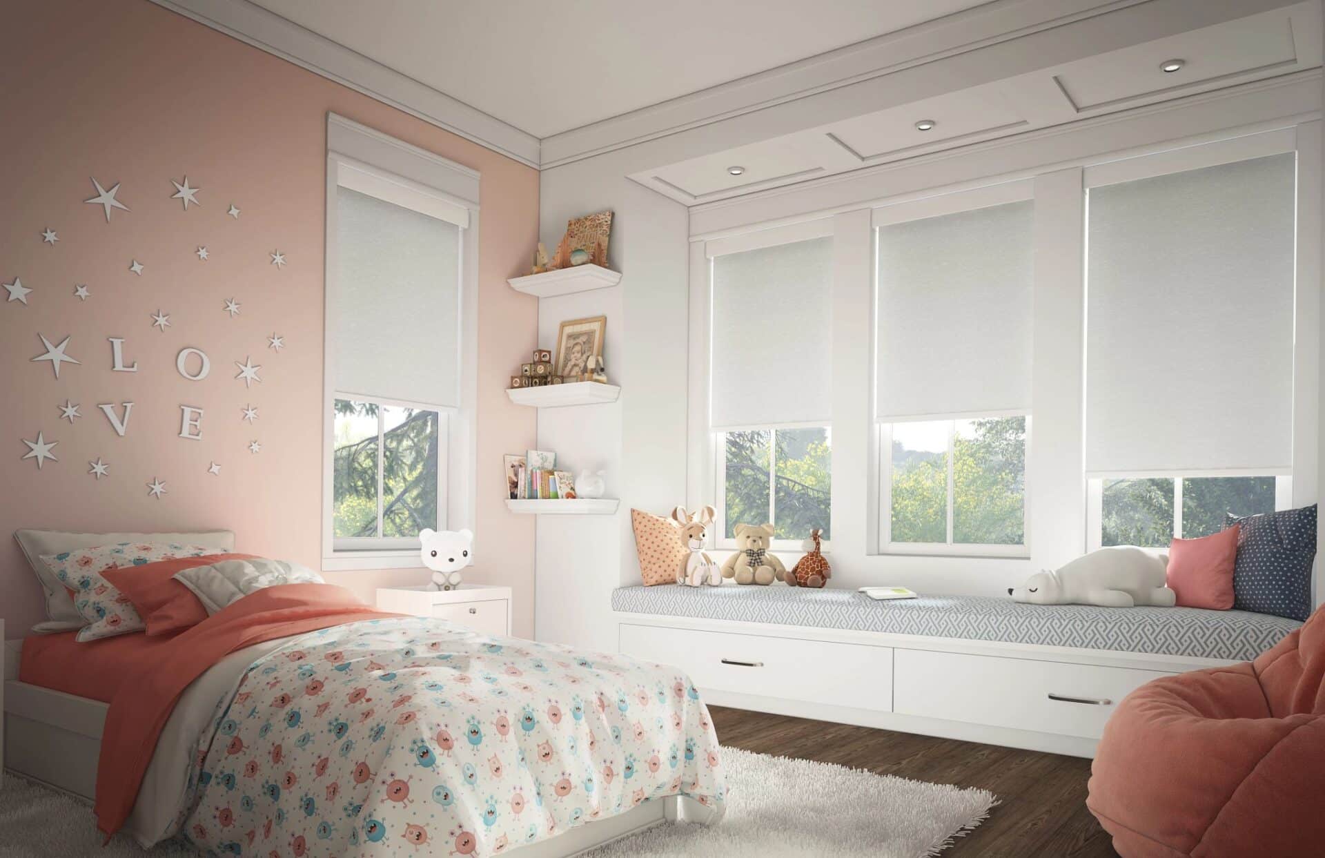 Bright kids' bedroom with white blinds and plush toys, featuring sensory-friendly window coverings for enhanced comfort.